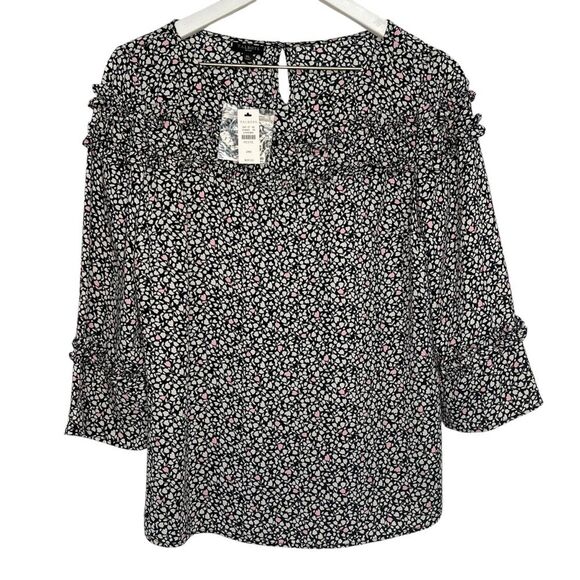Talbots Petite Tulip Floral Ruffle Blouse size MP Black White Pink 3/4 Sleeve - Picture 1 of 7